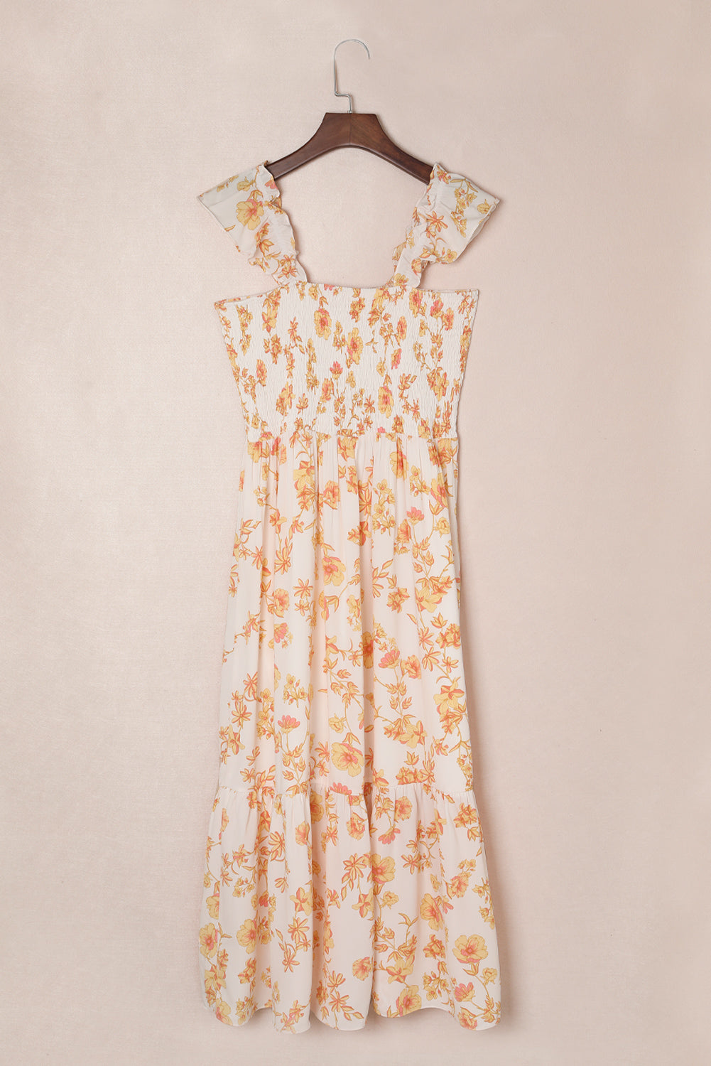 White Ruffle Shoulder Straps Smocked Bodice Printed Dress