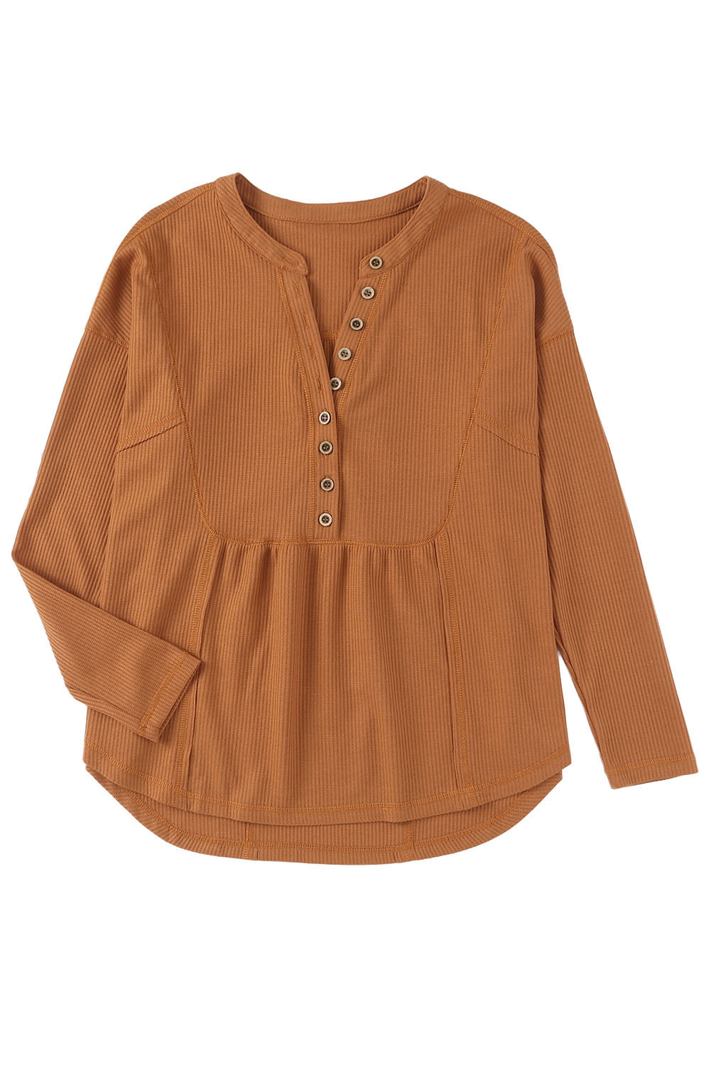 Brown Waffle Knit Half Button Henley Top