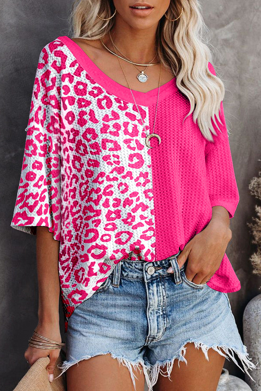 Rose Waffle Knit Leopard Solid Contrasting Blouse