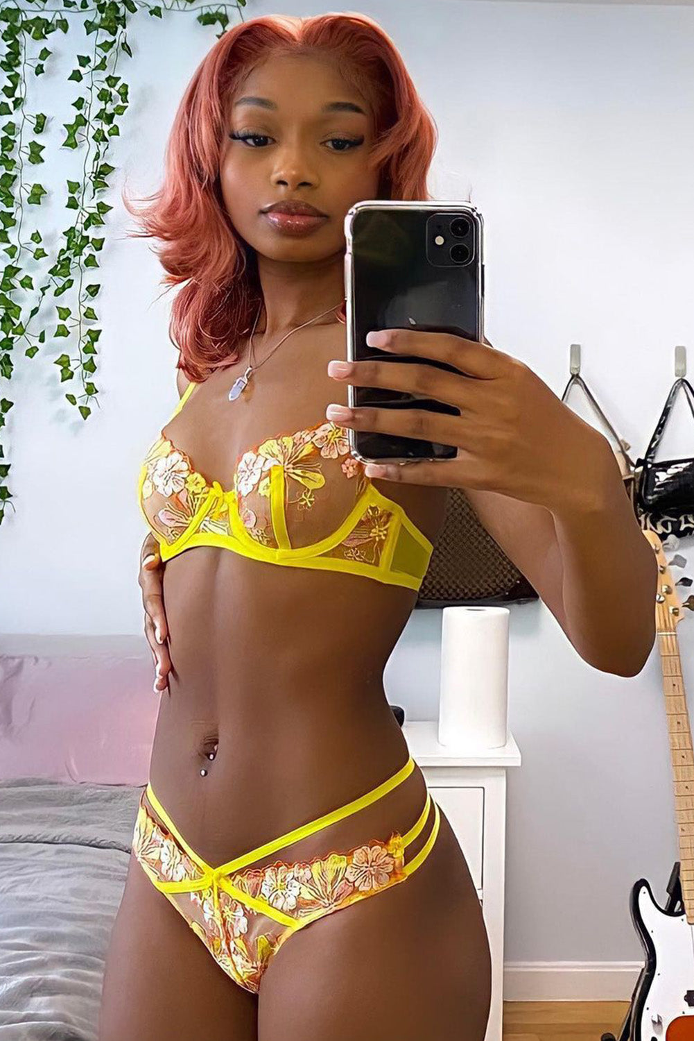 Yellow Floral Embroidered Strappy Three Pieces Lingerie Set