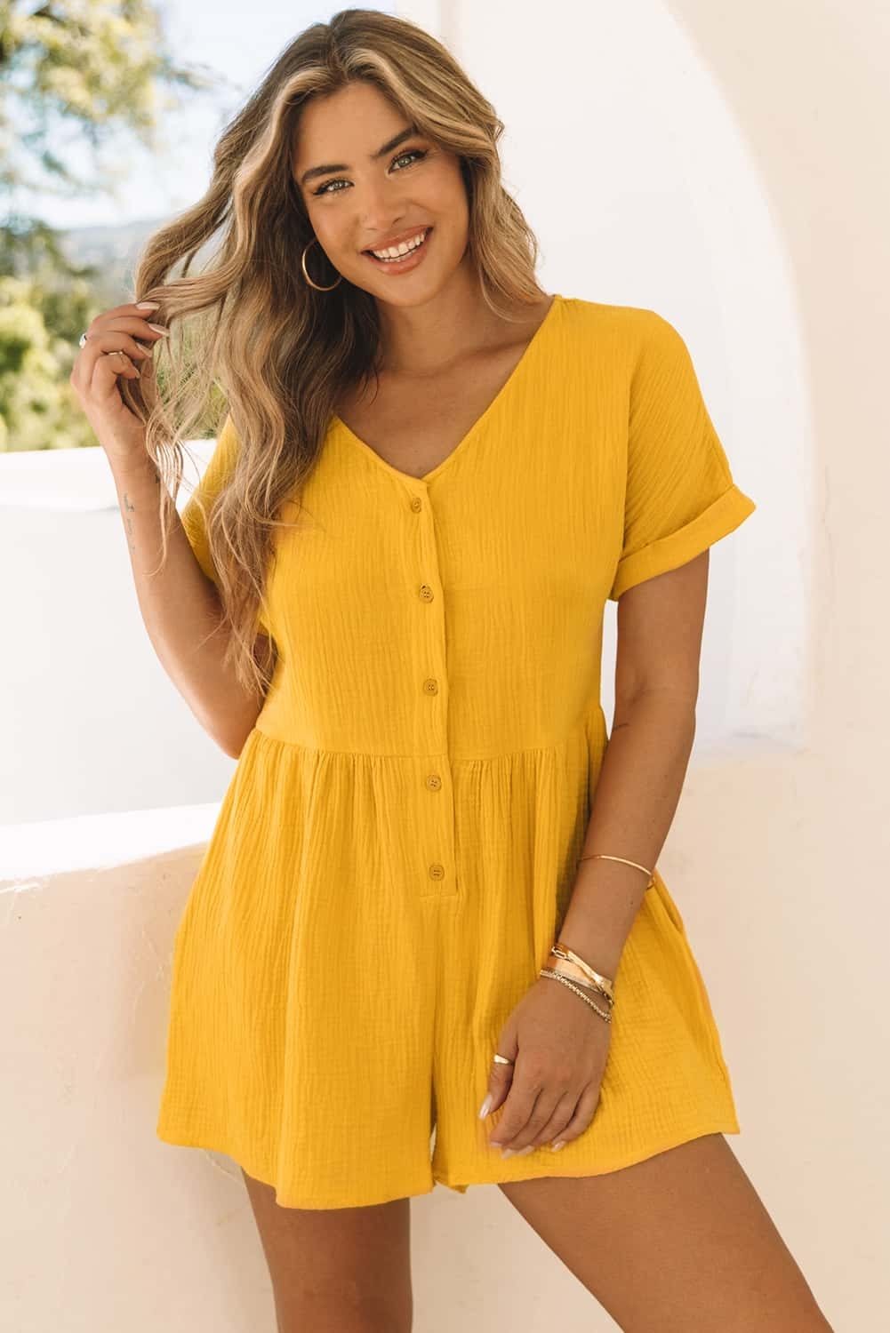 Yellow Button V Neck Crinkle Pocketed Romper