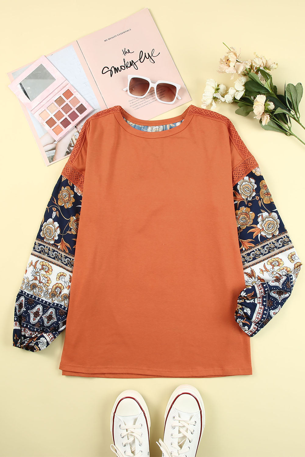 Brown Boho Floral Print Balloon Sleeve Top with Lace Details