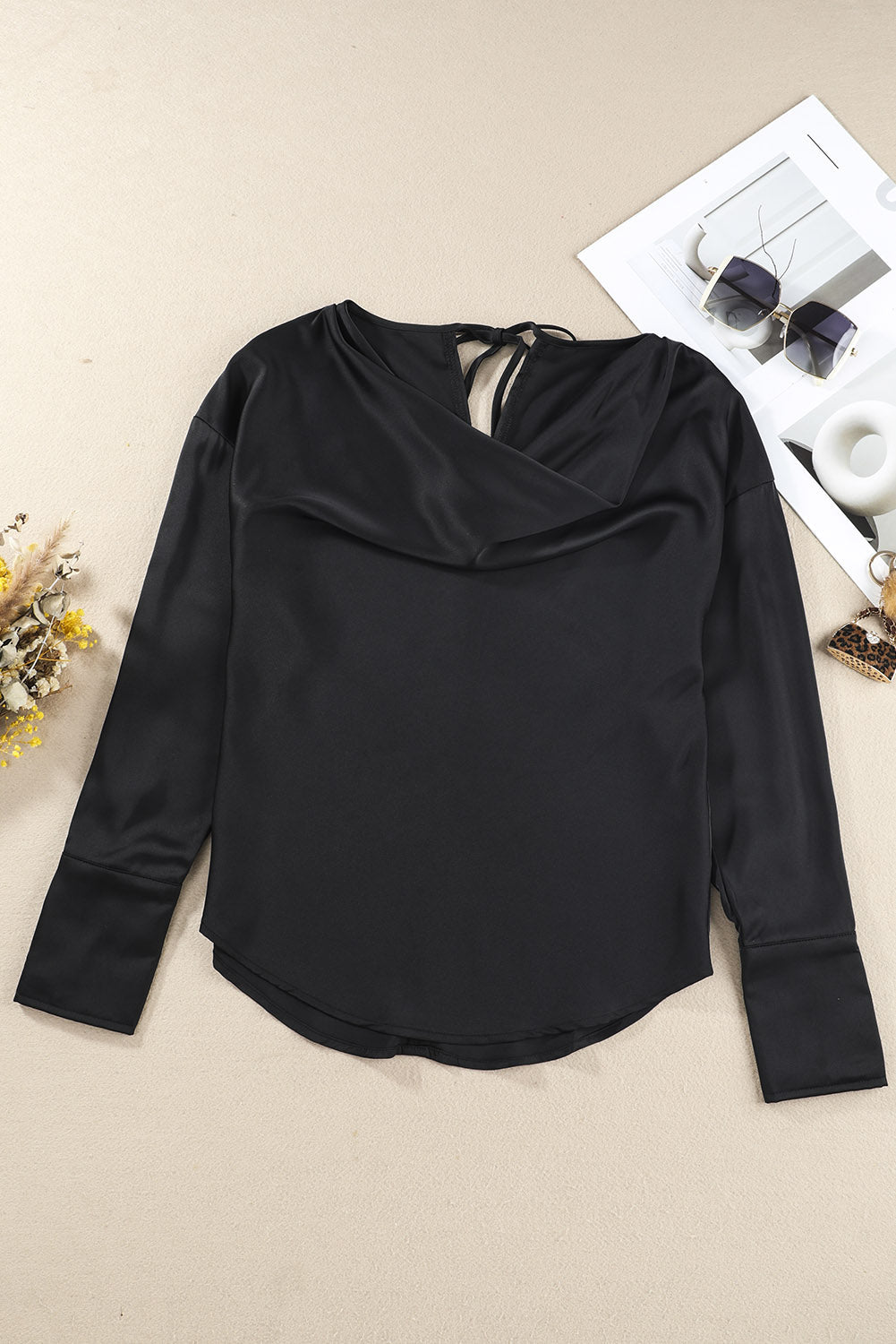 Green Cowl Neck Long Sleeve Elegant Blouse