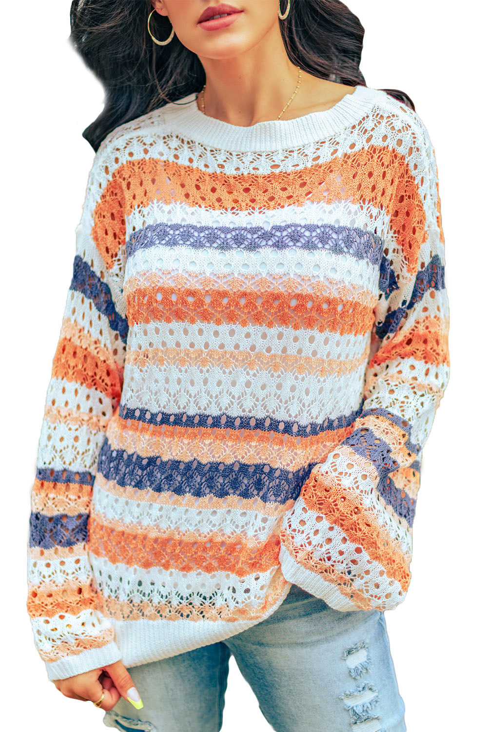 Multicolor Striped Loose Fit Hollow-out Knit Sweater