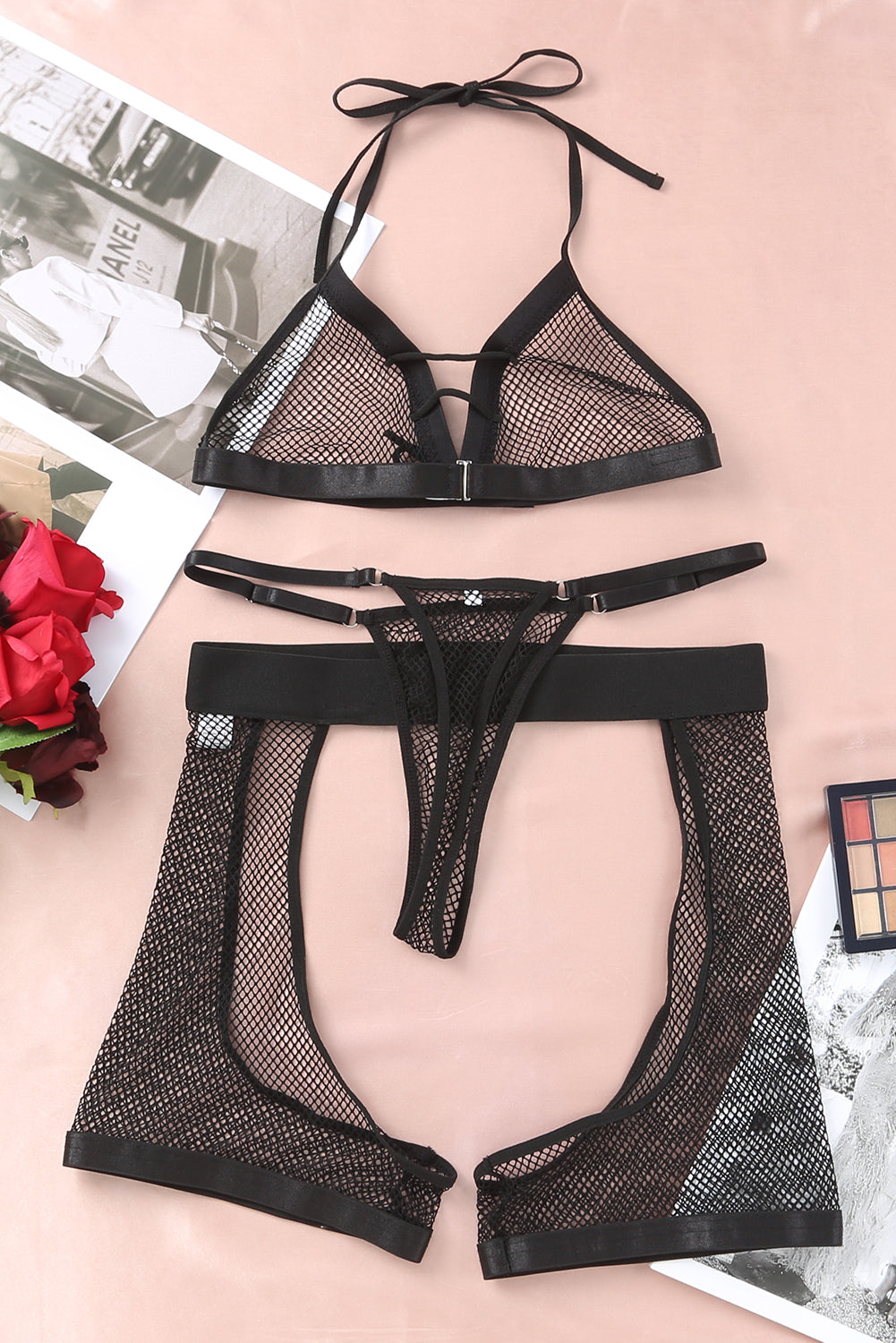 Black Halter Backless Fishnet Lingerie Set With Shorts