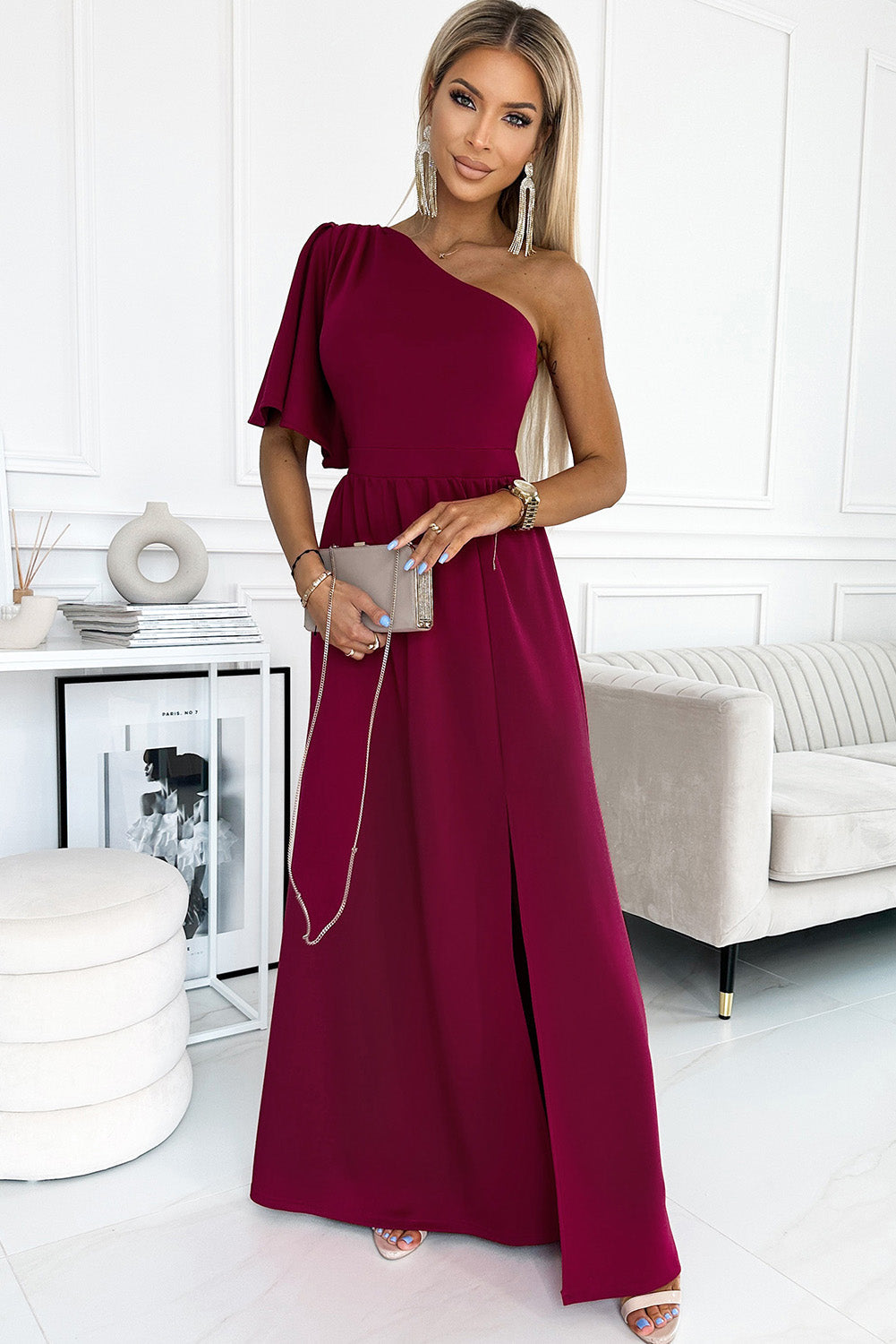 Rose One Shoulder Ruffle Sleeve Maxi Dress with Slit