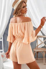 Apricot Ruffled Ruched High Waist Off Shoulder Romper