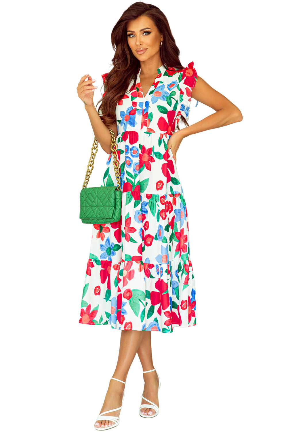 Multicolor Flutter Sleeve V Neck High Waist Floral Midi Dress