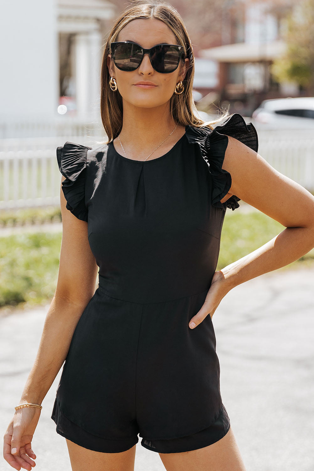 Black Ruffle Sleeves Solid Romper