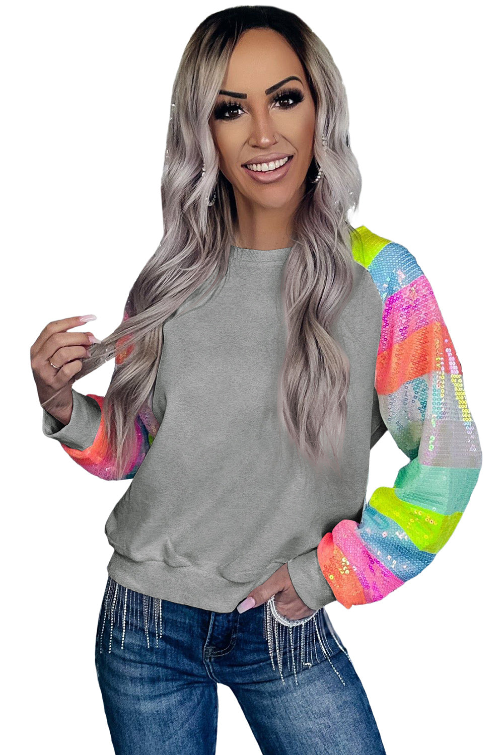 White Sequin Color Block Raglan Sleeve Pullover Sweatshirt