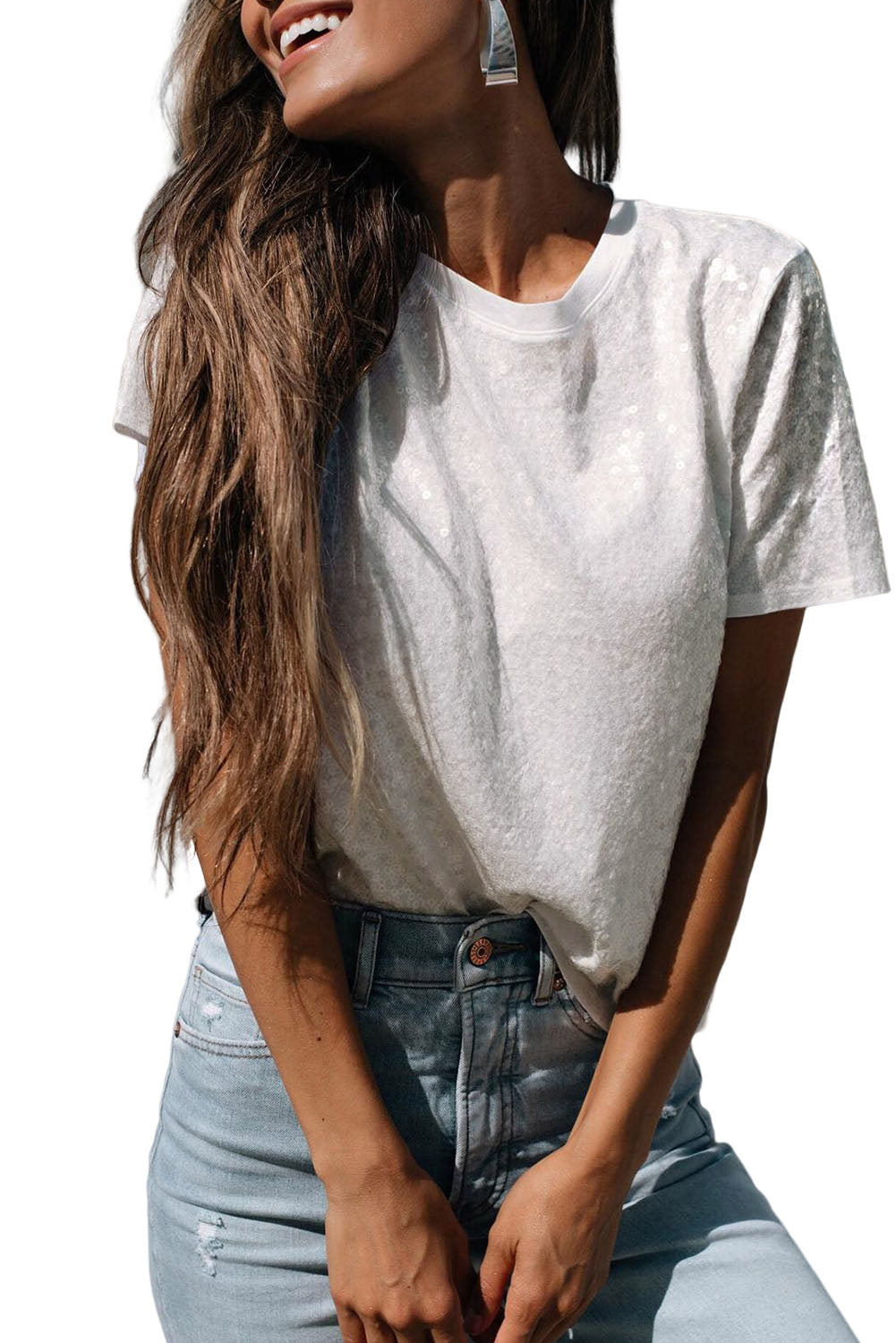 White Sequin Glitter Casual T Shirt