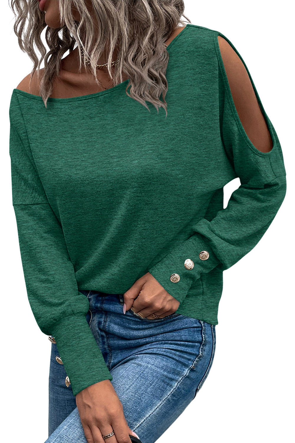 Green Asymmetrical Cut Out Buttoned Long Sleeve Top