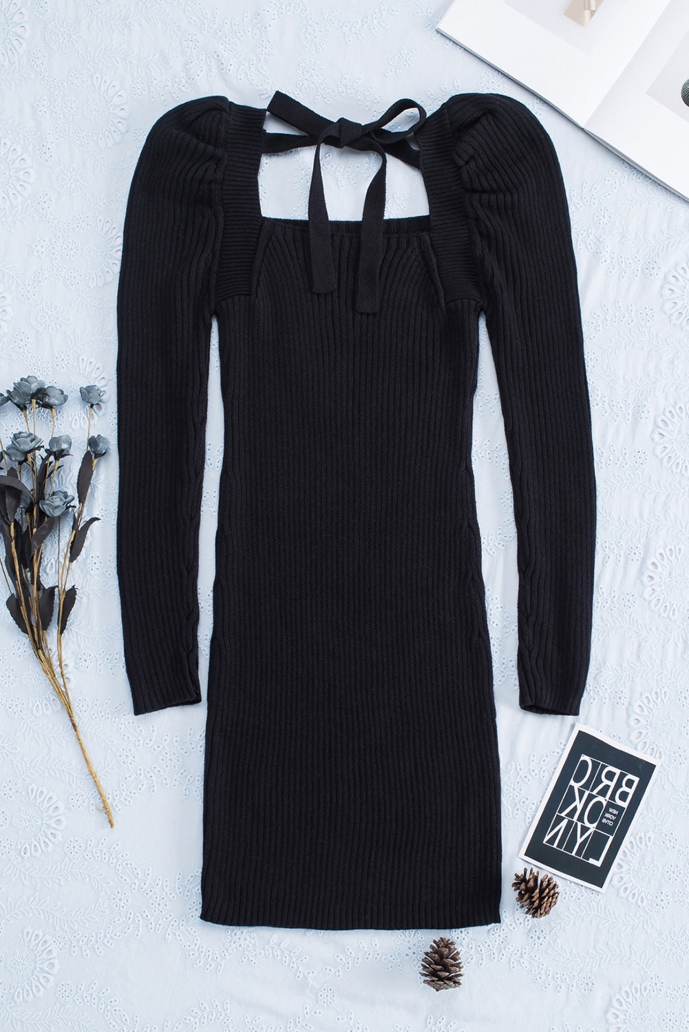 Black Square Neck Puffy Sleeve Sweater Dress