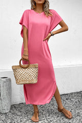 Pink Crew Neck Bat Sleeve Maxi T-shirt Dress