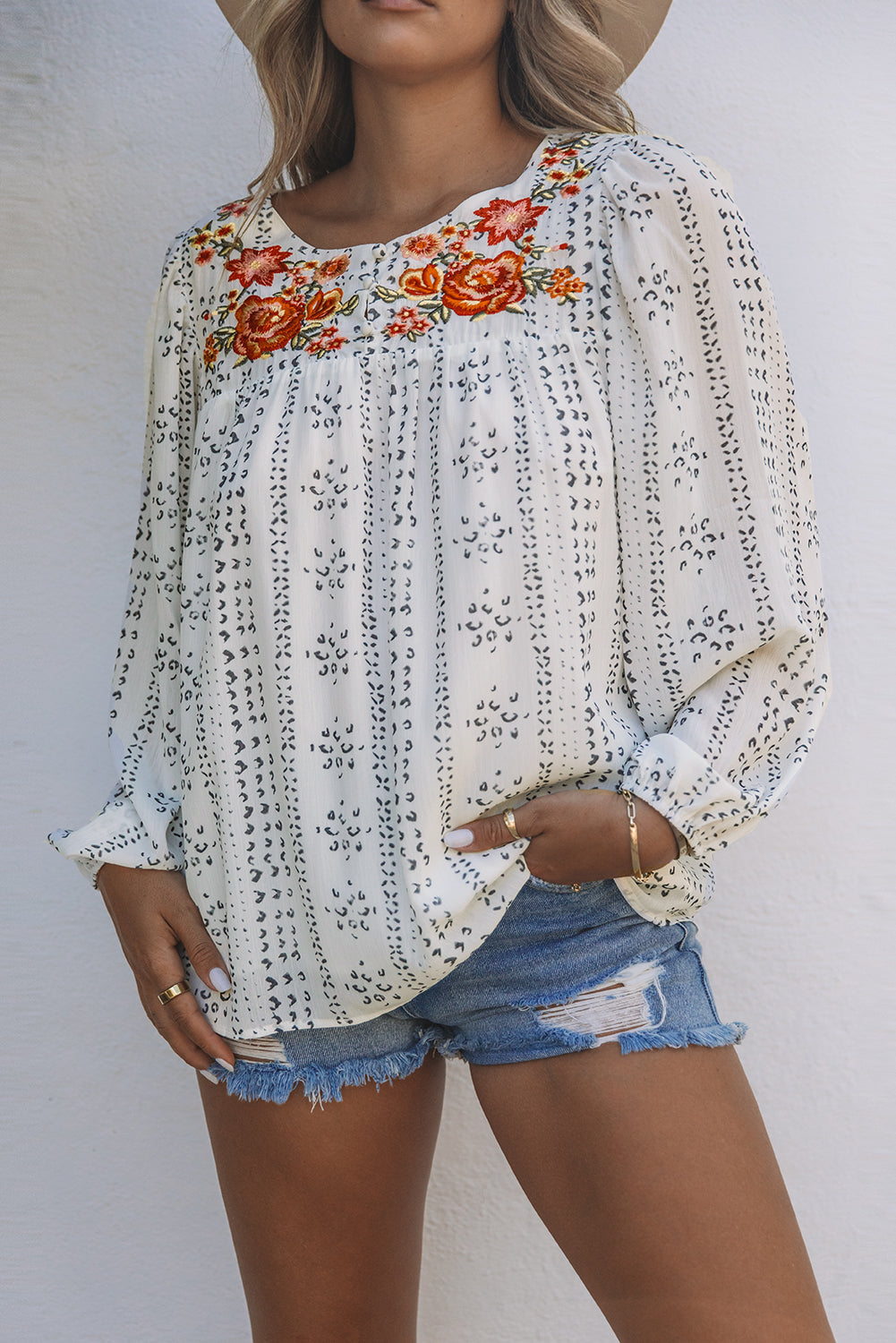 White Floral Embroidered Ethnic Printed Crinkle Blouse