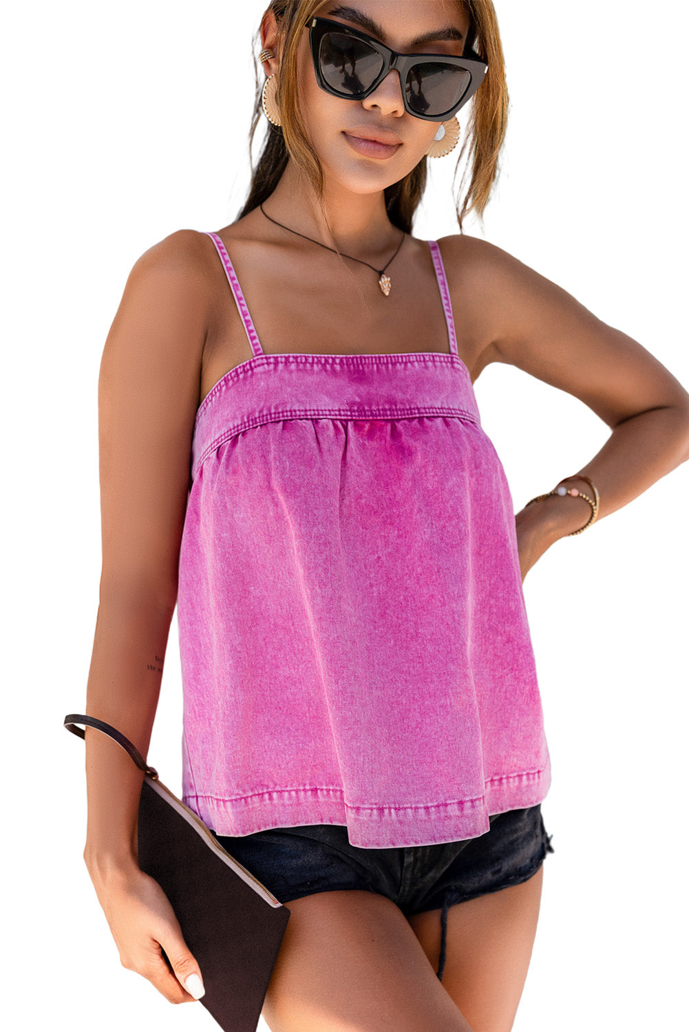 Pink Mineral Wash Denim Smocked Tank Top