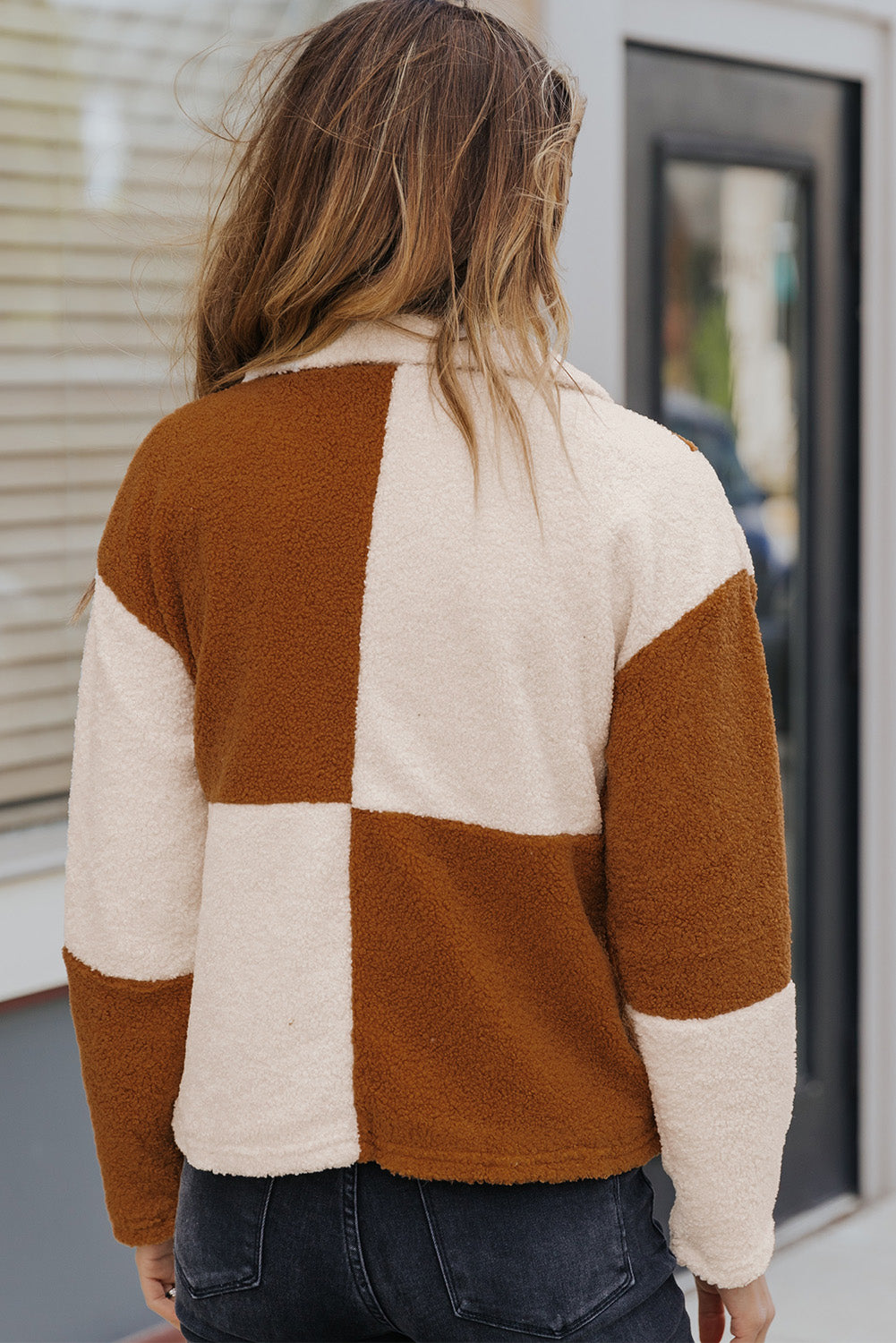 Black Colorblock Checkered Sherpa Jacket
