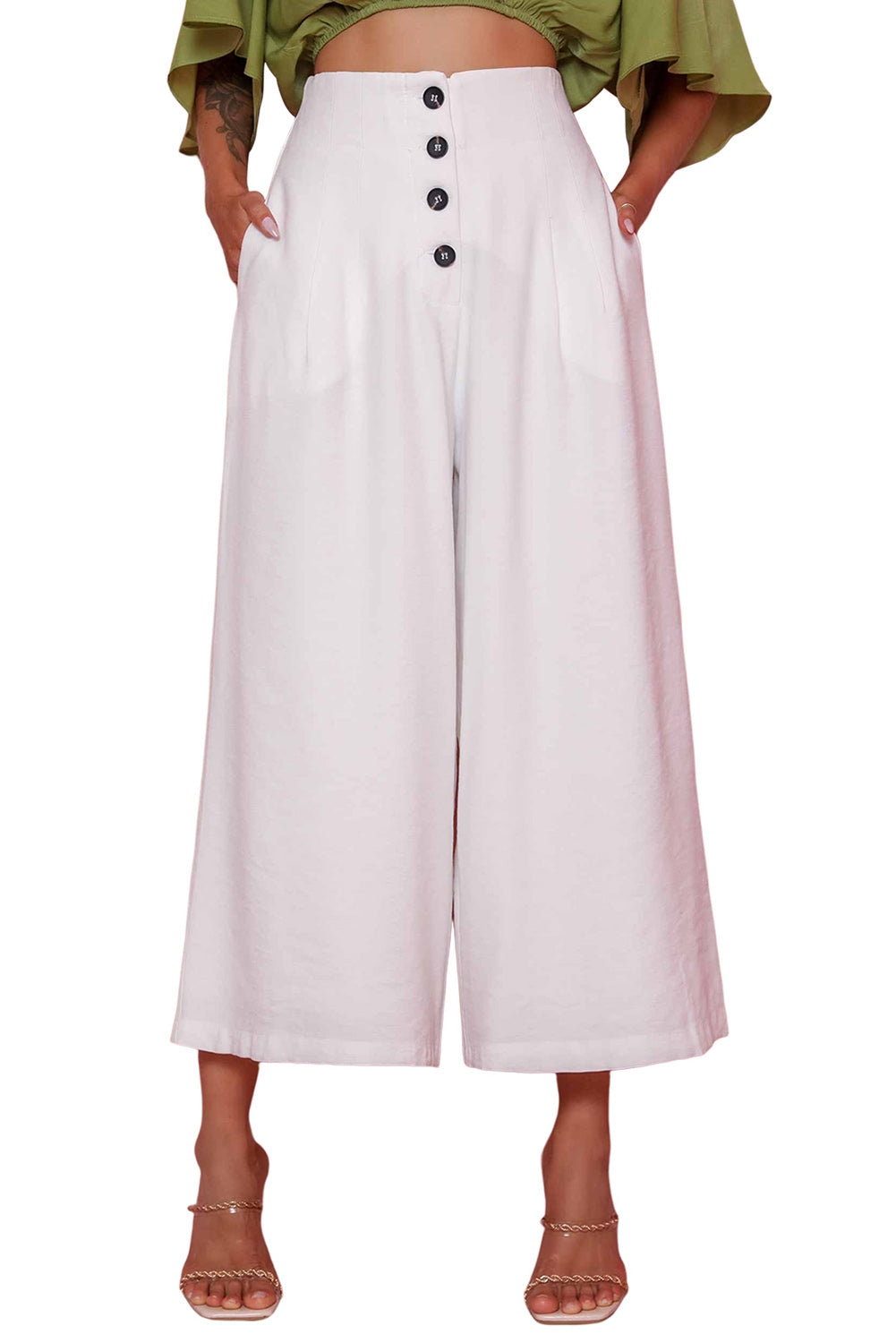 White Buttons Cropped Wide Leg Pants