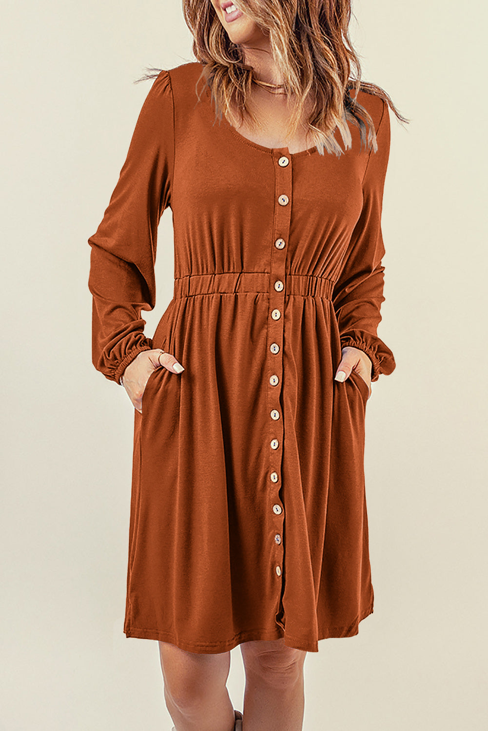 Red Button Up High Waist Long Sleeve Dress