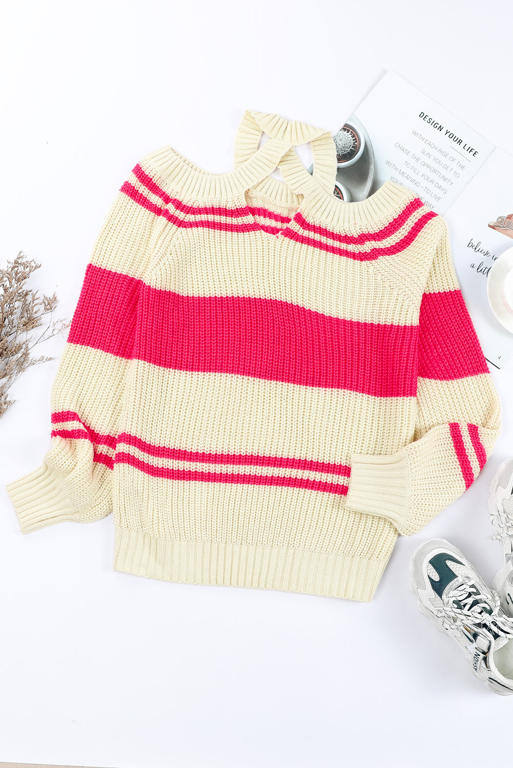 Black Striped Cold Shoulder Knit Sweater