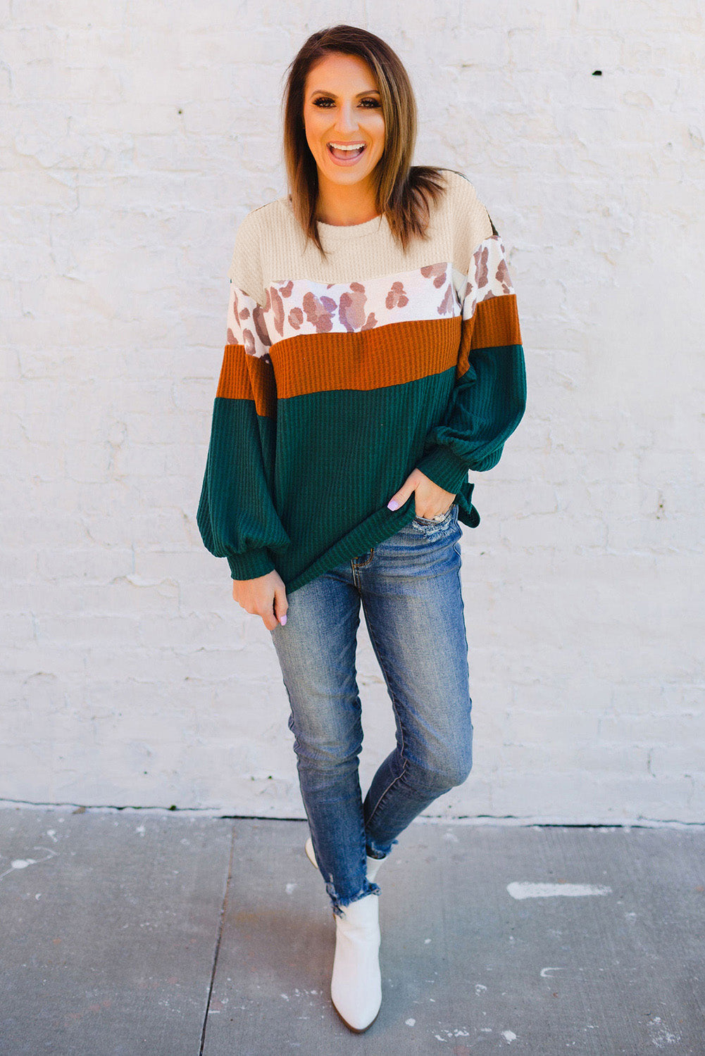 Green Leopard Color Block Waffle Knit Top