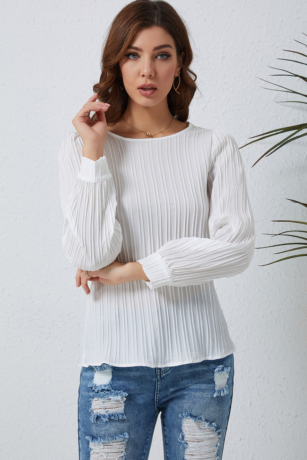 White Ribbed Crewneck Puff Long Sleeve Top