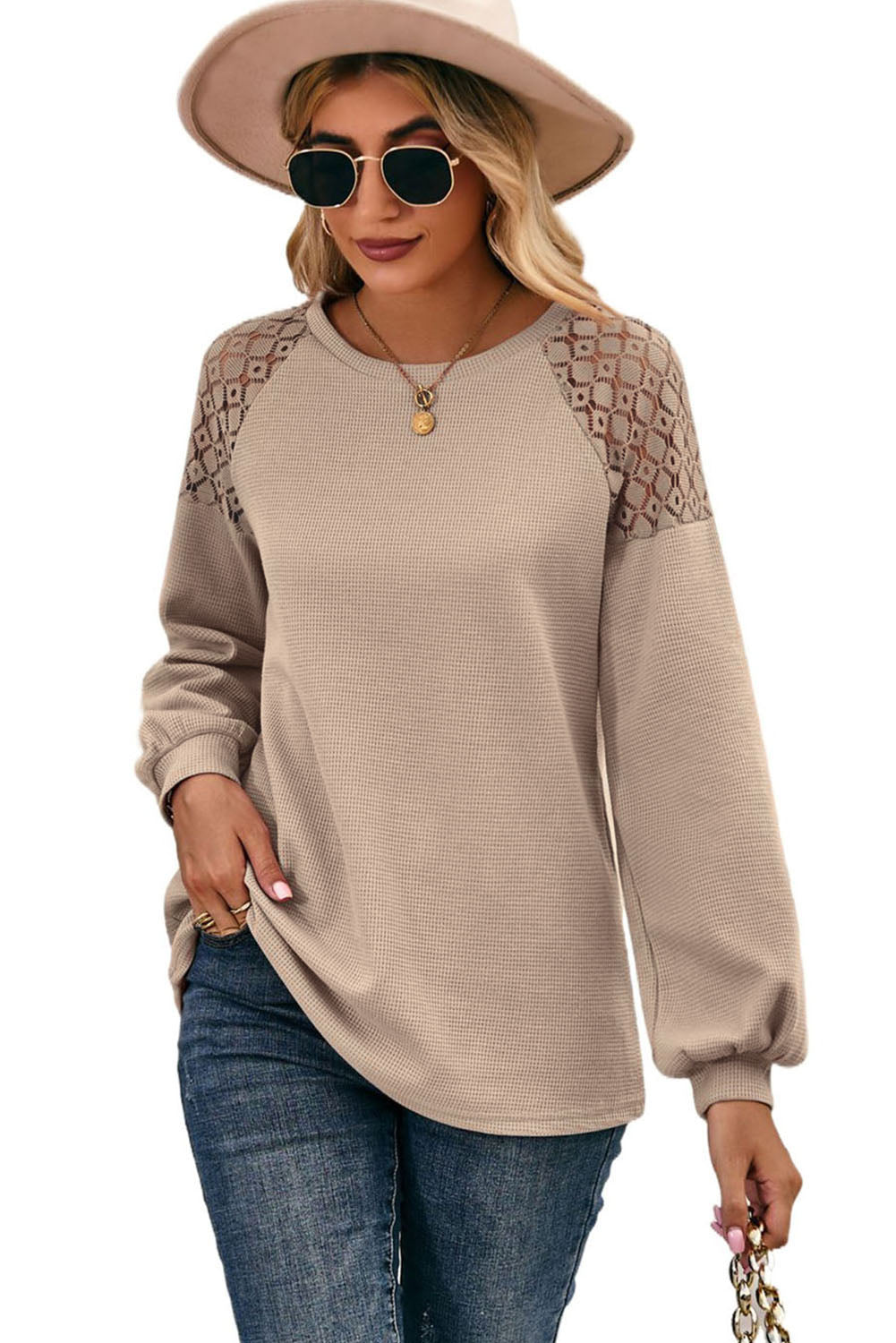 Khaki Lace Shoulder Patch Waffle Knit Long Sleeve Top