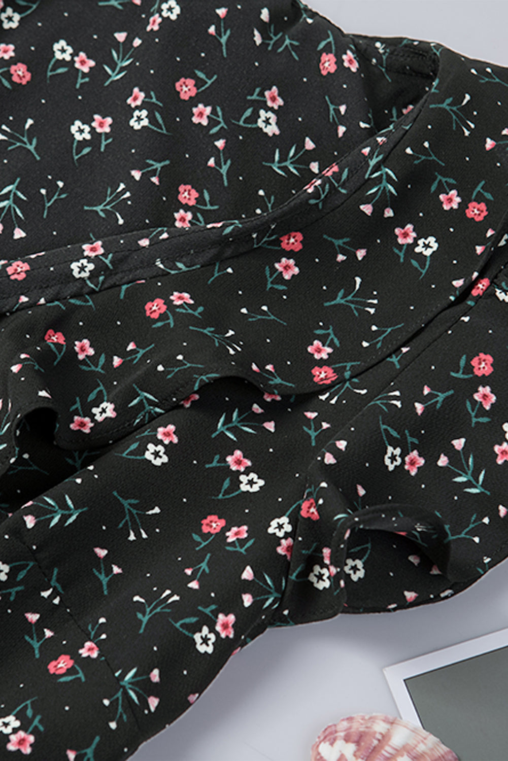 Black Floral Print Belted Ruffled V Neck Sleeveless Top