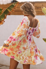 Yellow Square Neck Puffy Sleeve Tiered Floral Dress