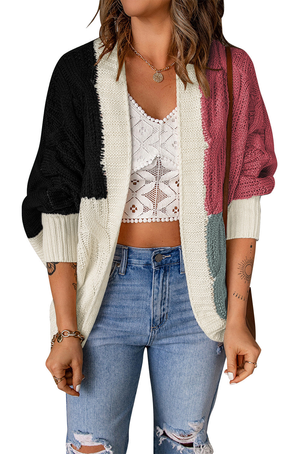 Brown Color Block Loose Open Front Knitted Cardigan