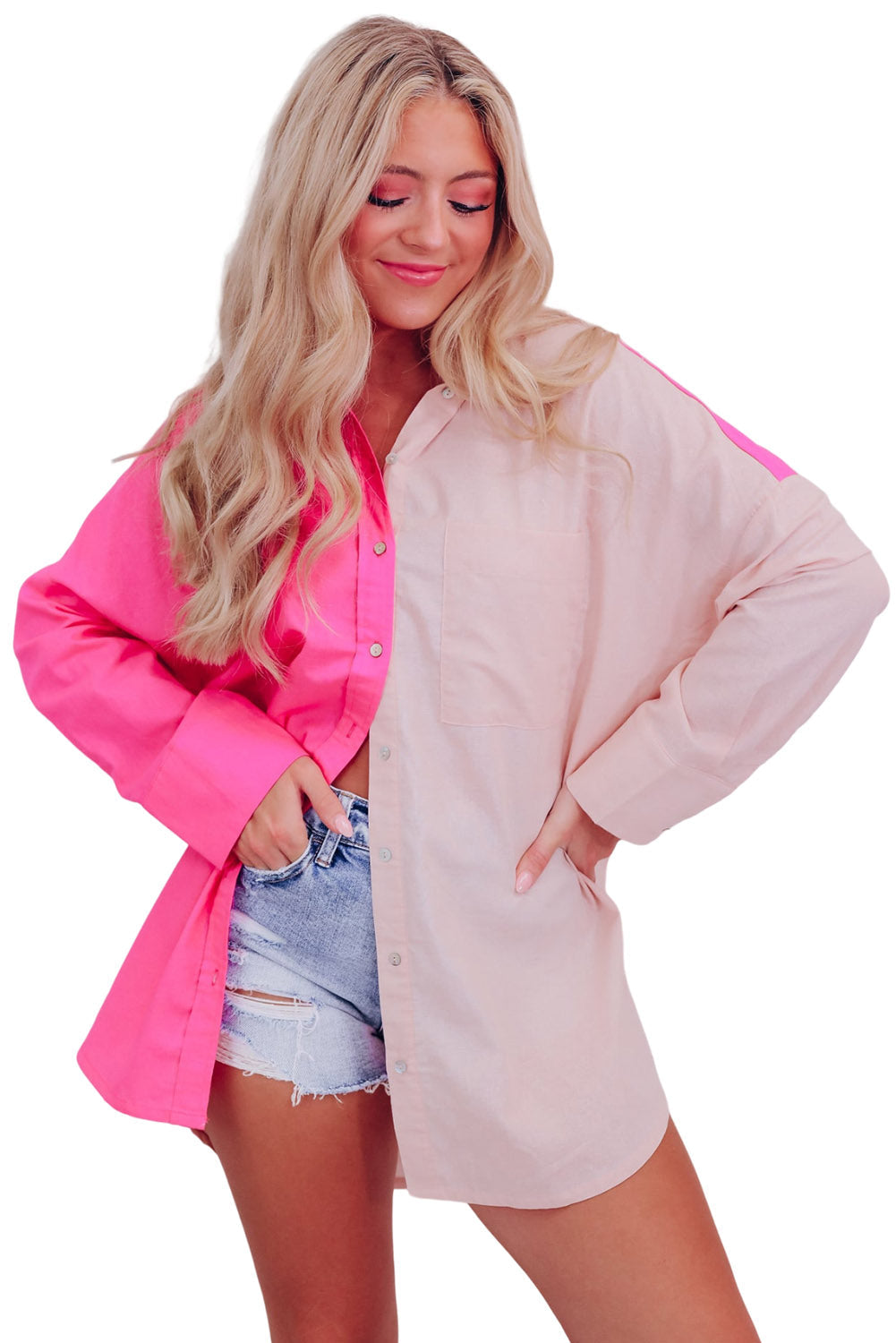 Pink Color Block Patchwork Oversized Shirt