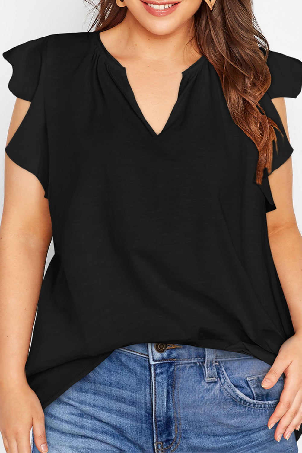 Black V Neck Ruffle Sleeve Plus Size Top