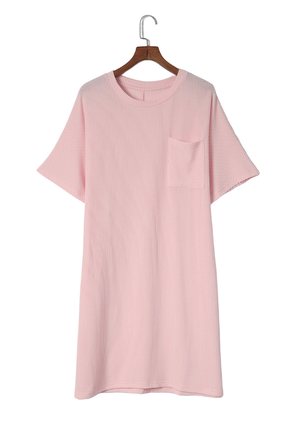 Pink Ribbed Chest Pocket Short Sleeve Plus Size Lounge Dress