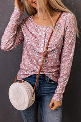 Pink Floral Print Long Sleeve Henley Top