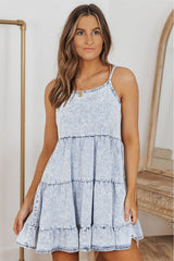 Sky Blue Adjustable Straps Tiered Ruffle Denim Dress