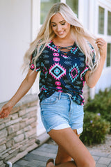 Black Western Fashion Aztec Print Crisscross V Neck Top