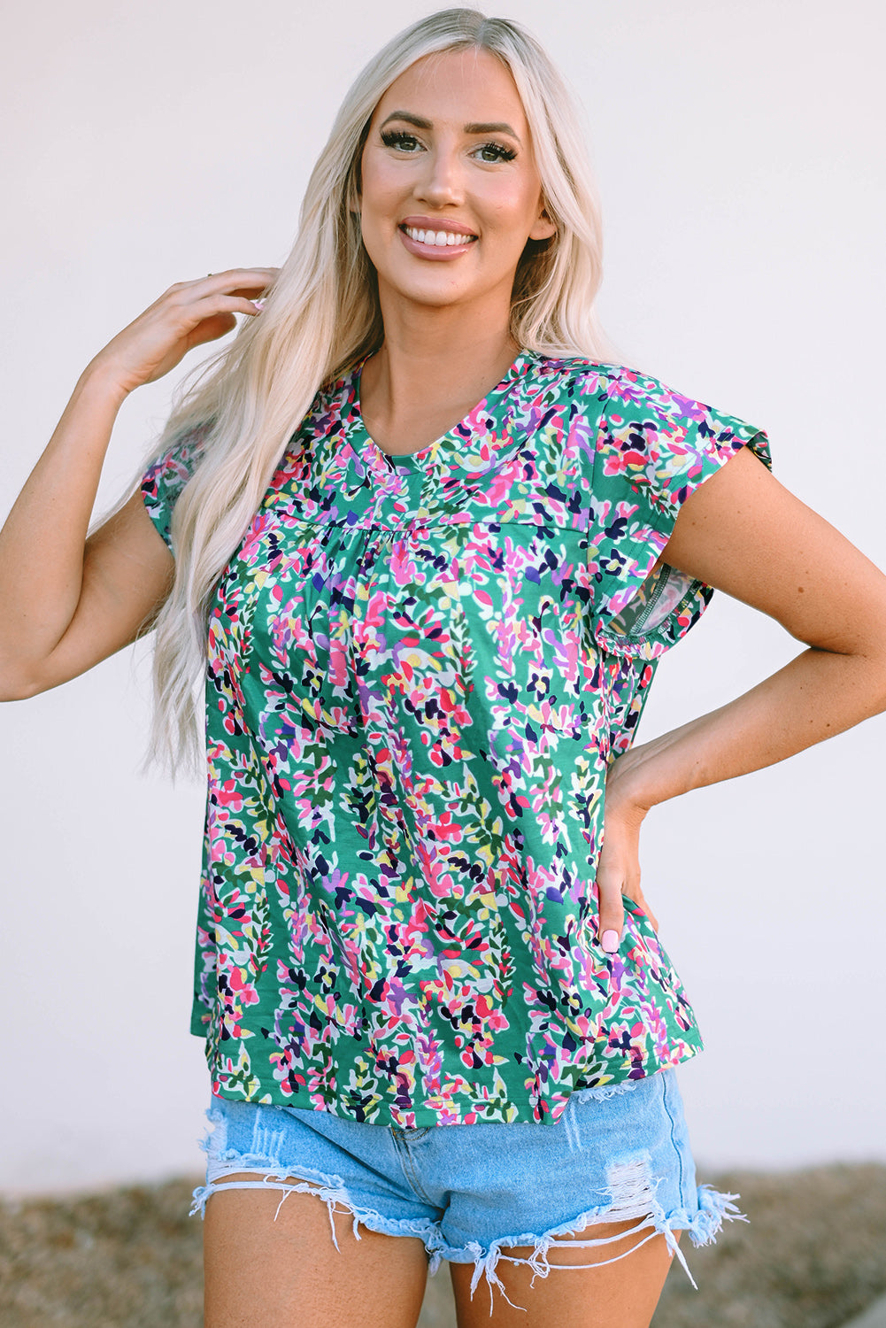 Sky Blue Floral Print Ruffled Short Sleeve Babydoll Top