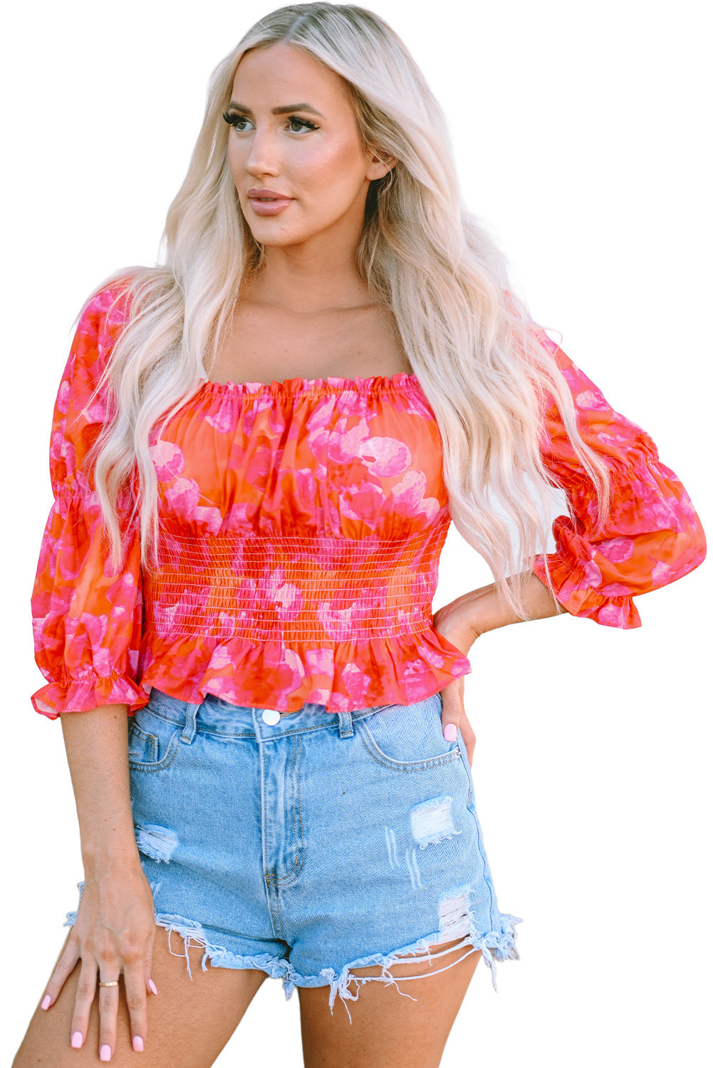 Orange Floral Puff Half Sleeve Square Neck Smock Peplum Blouse