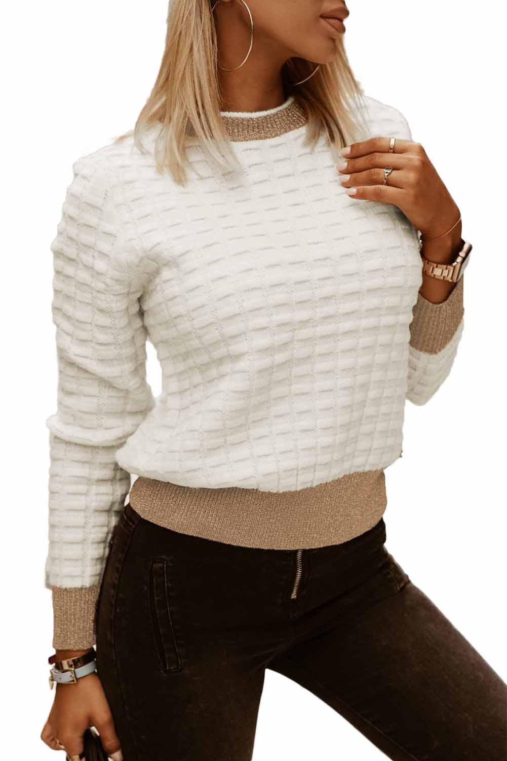 White Textured Knit Contrast Long Sleeve Sweater