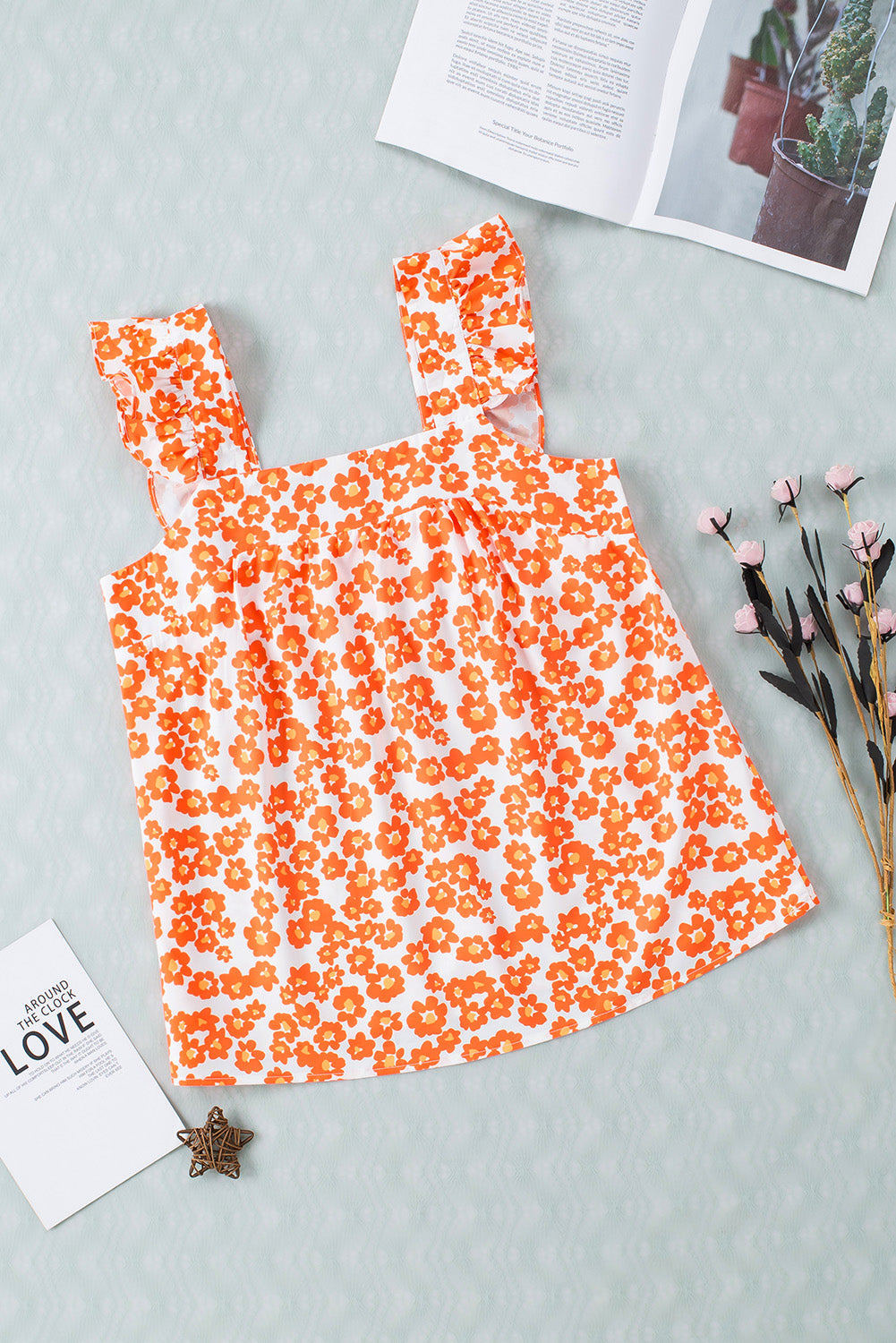 Orange Floral Print Square Neck Ruffle Tank Top