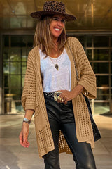 Camel Pointelle Knit Pocket Open Front Cardigan