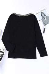 Black Glitter V Neck Chest Pocket Long Sleeve Top