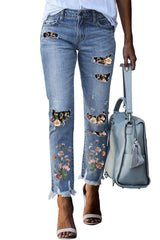 Sky Blue Printed Patch Ripped Skinny Jeans