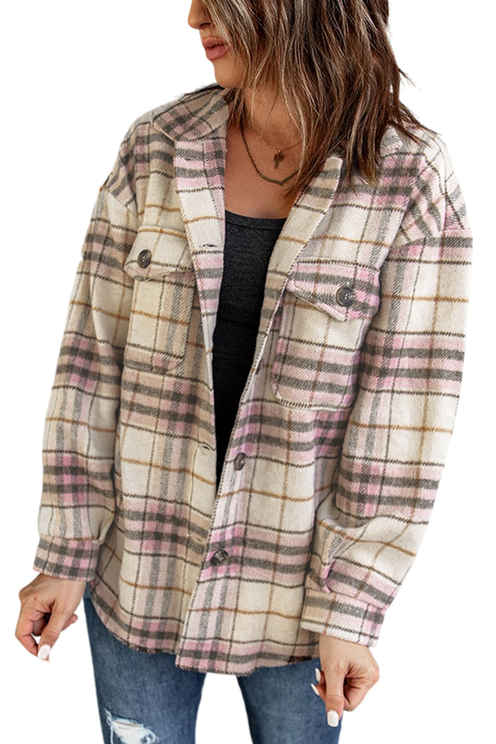 Pocketed Button-up Long Sleeve Plaid Jacket