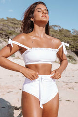 White Frill Trim Tie Shoulder Bikini High Waist Swimsuit