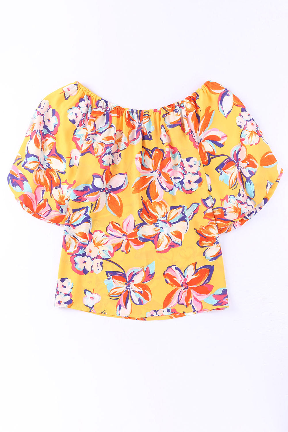 Yellow Floral Print Elastic Neckline Blouse