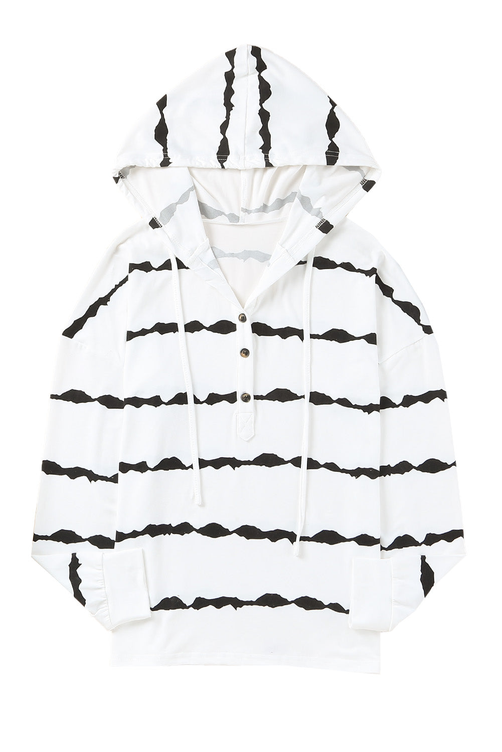 White Striped Drawstring Button Long Sleeve Hoodie