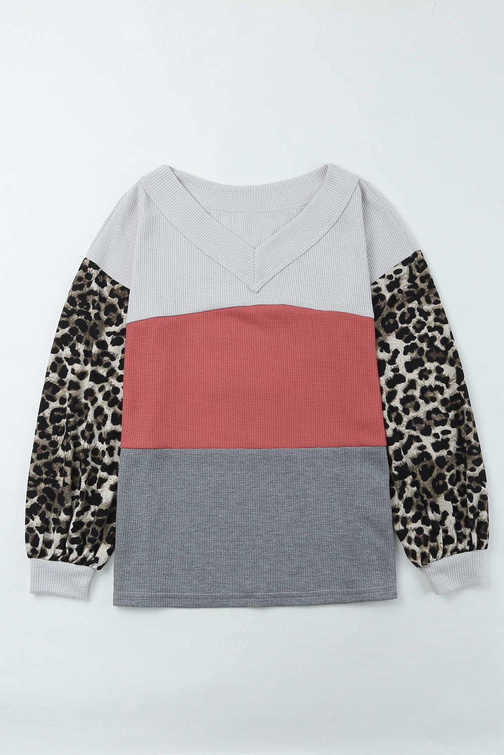 Red Wild Leopard Contrast Sleeve Colorblock Waffle Knit Top