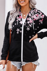 Black Cherry Blossoms Print Pocketed Zipped Hooded Coat