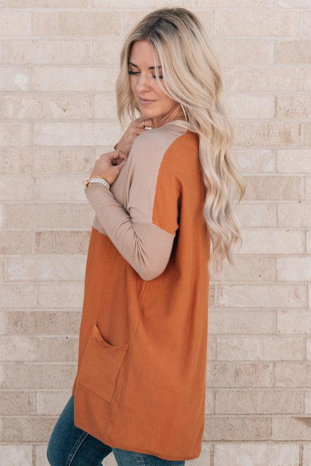 Orange Pocketed Color Block Patchwork Long Sleeve Top